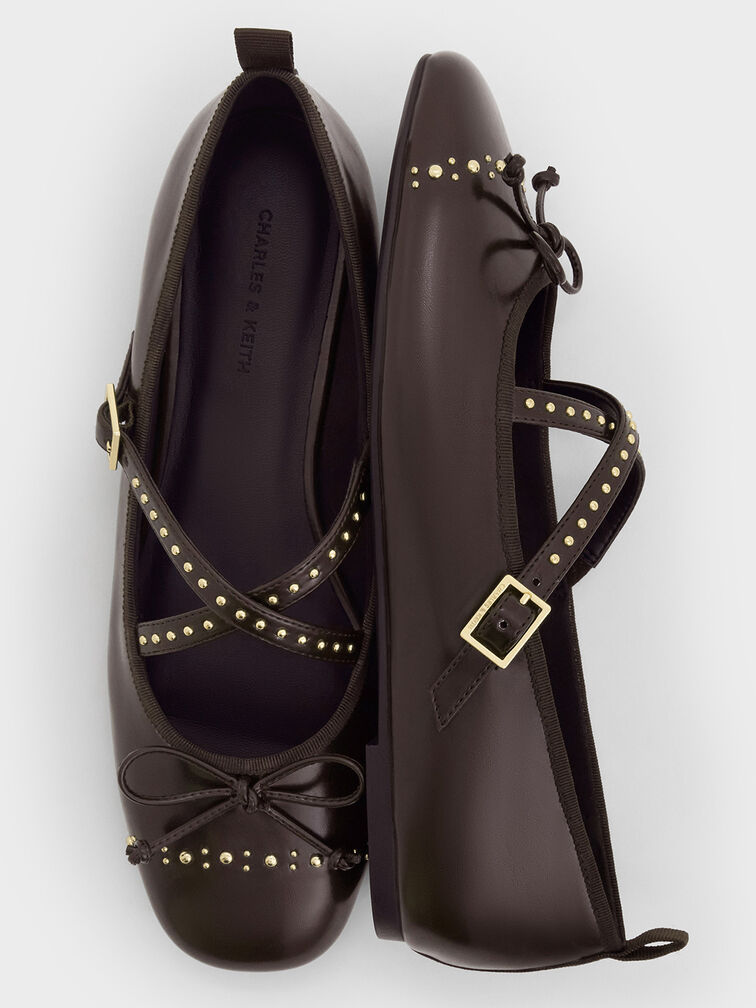 Studded Crossover-Strap Mary Jane Flats, Dark Brown, hi-res