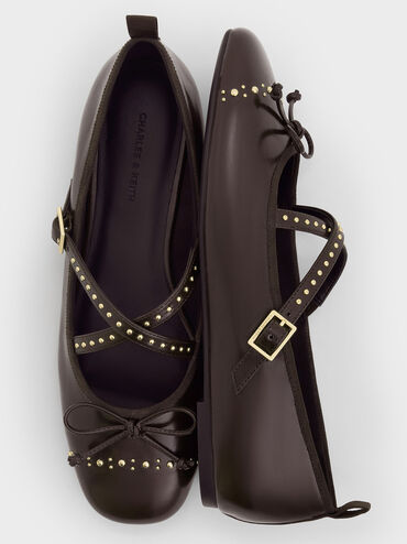 Studded Crossover-Strap Mary Jane Flats, Dark Brown, hi-res