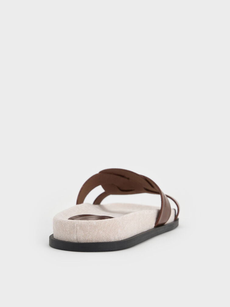 Linen Interwoven Cut-Out Slide Sandals, Dark Brown, hi-res