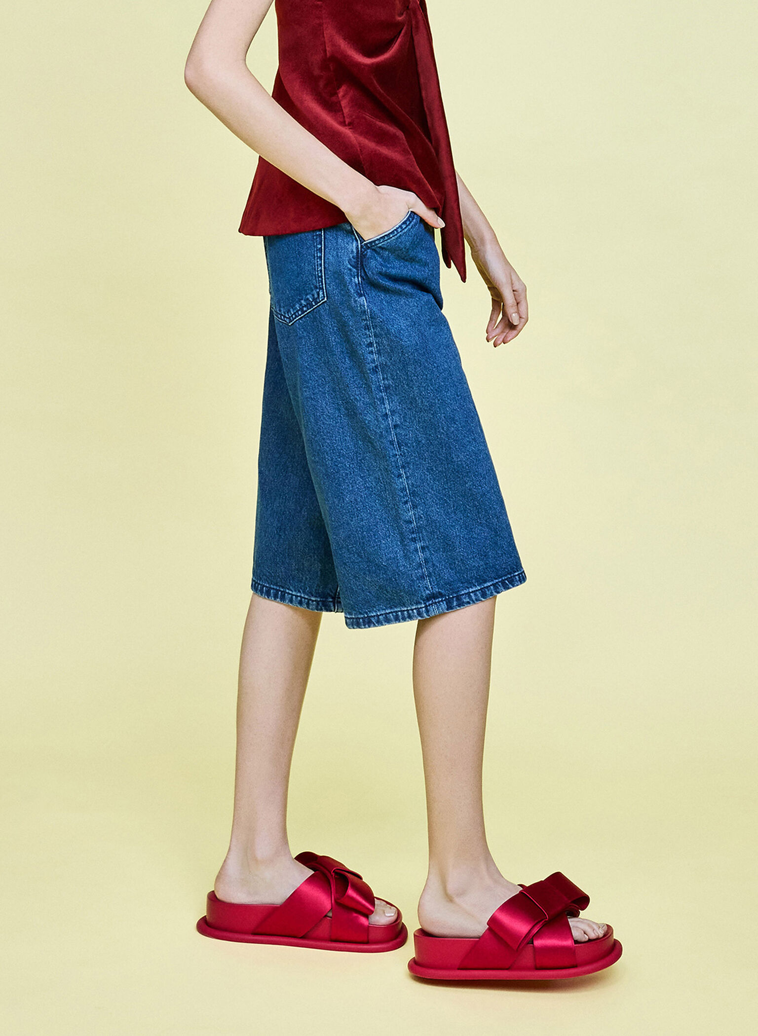 Satin Bow Flatform Sandals, Red, hi-res