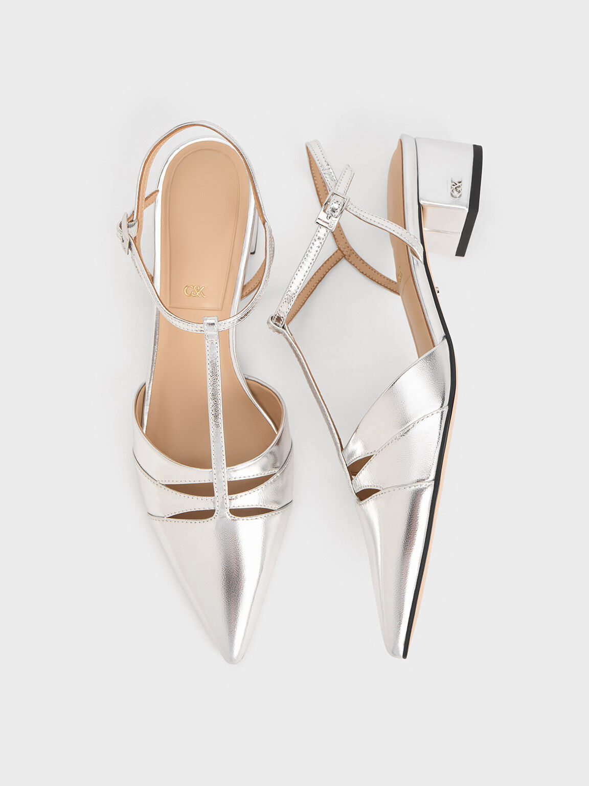 Metallic Leather T Bar Block Heel Pumps Silver