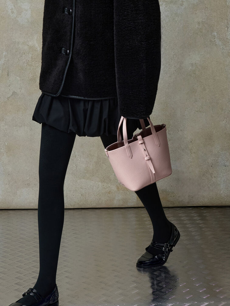Beryl Recycled Leather Double-Handle Belted Bucket Bag, Cotton Candy Pink, hi-res