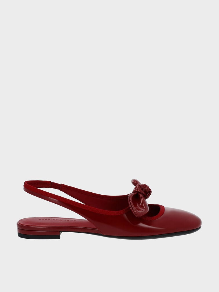 Patent Knotted-Bow Slingback Flats, Red, hi-res