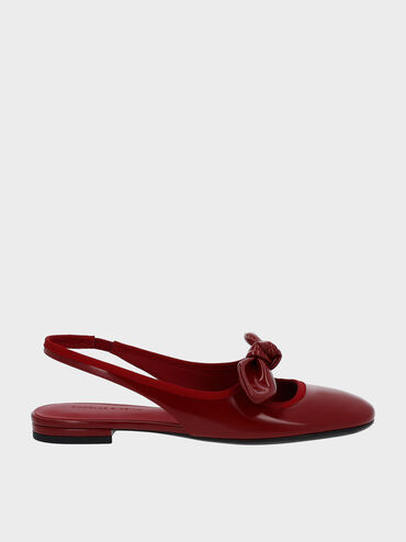Patent Knotted-Bow Slingback Flats, Red, hi-res