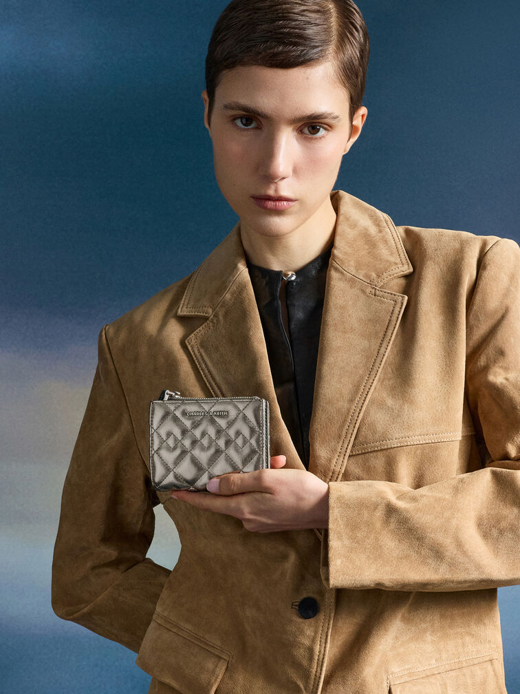Duo Metallic Quilted Small Wallet, Pewter, hi-res