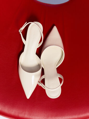 Patent Pointed-Toe Slingback Kitten Heels, Chalk, hi-res