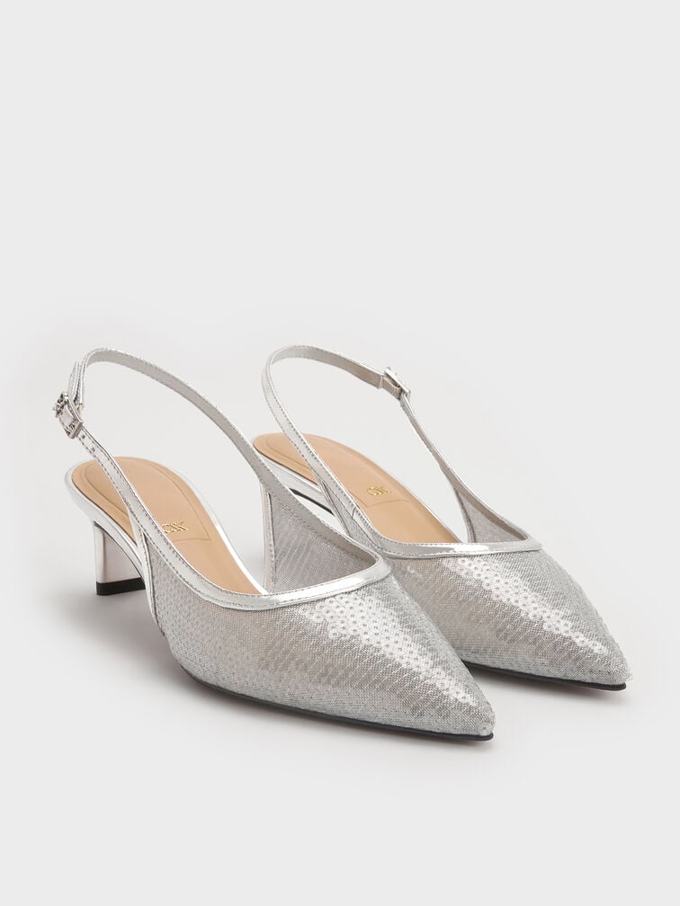 Sequin Mesh & Leather Slingback Kitten Heels, Silver, hi-res