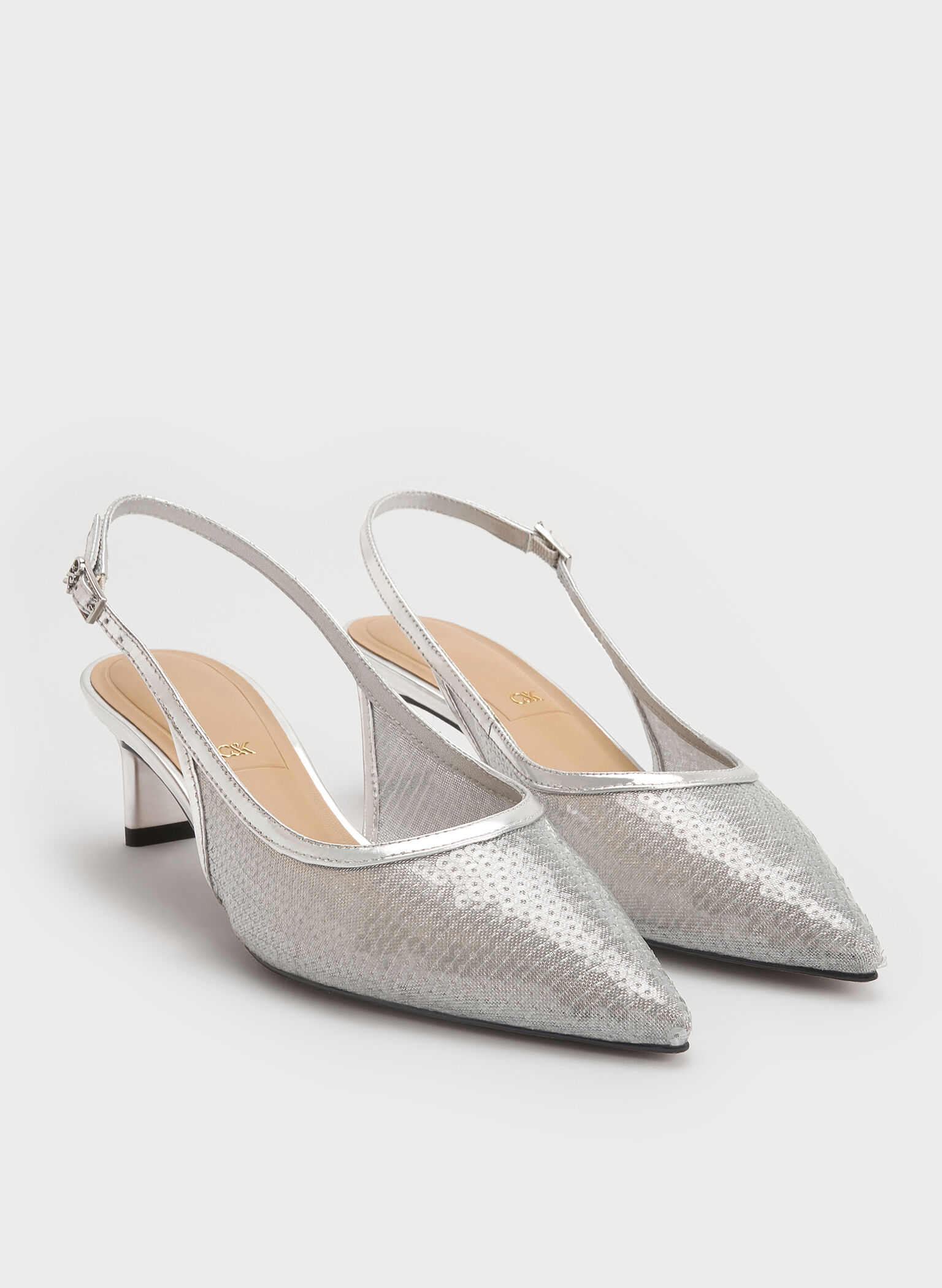 Sequin Mesh & Leather Slingback Kitten Heels, Silver, hi-res