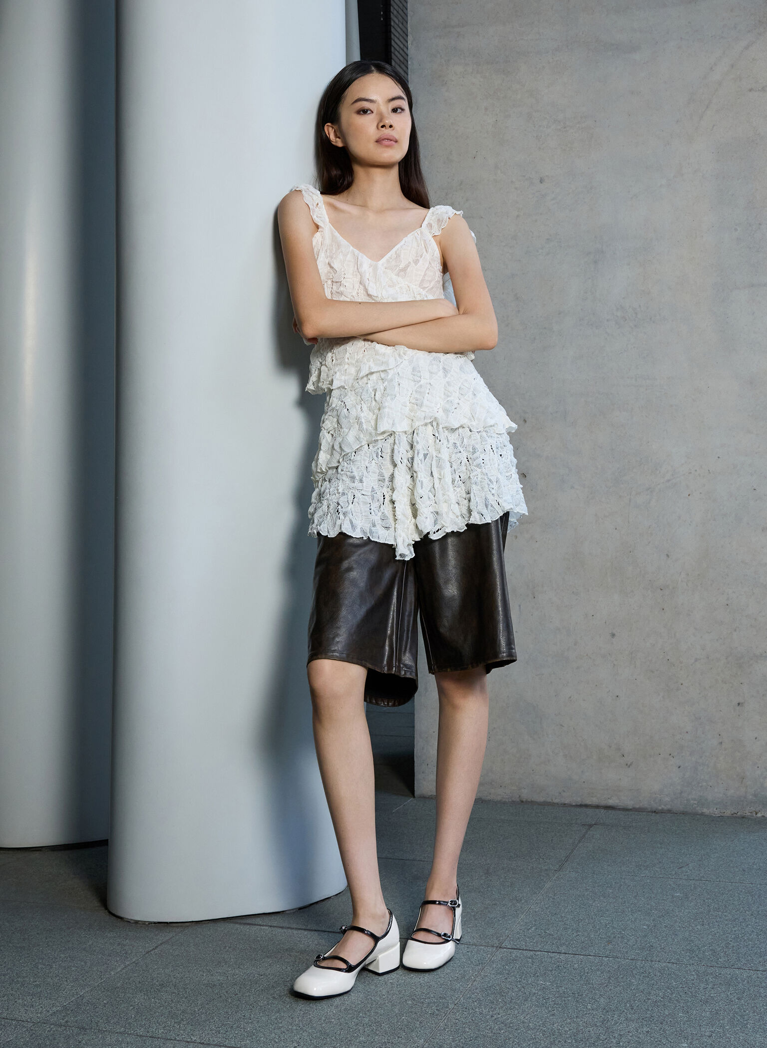 Patent Contrast-Trim Double-Strap Mary Jane Pumps, White, hi-res