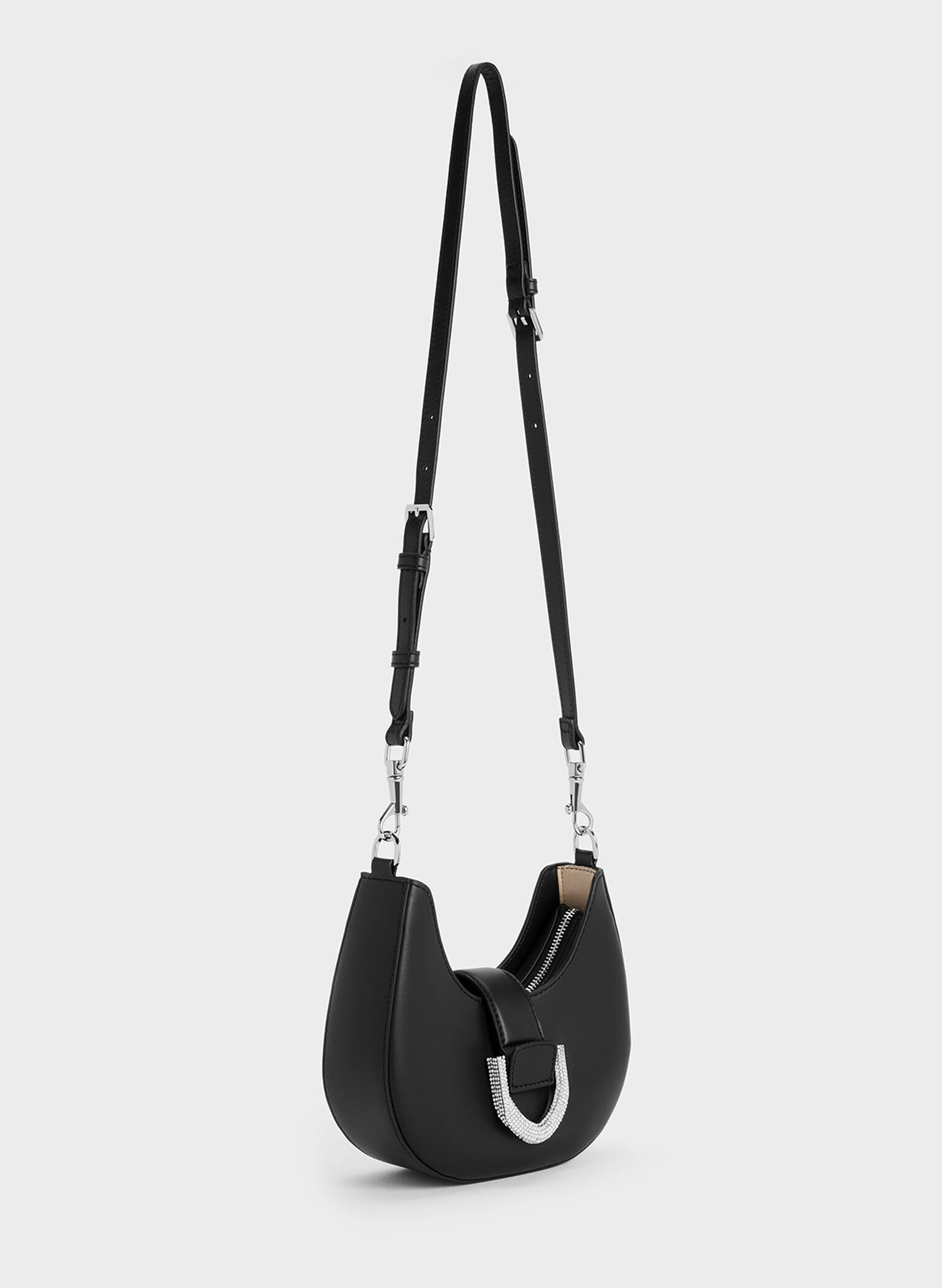 Gabine Leather Crystal-Embellished Hobo Bag, Noir, hi-res