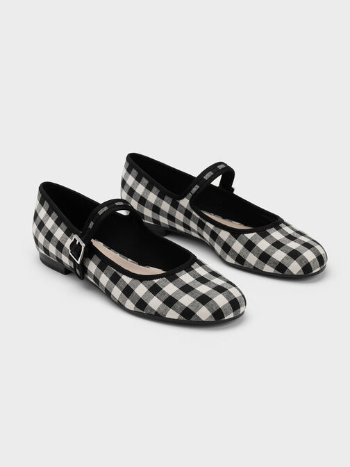 Checkered Buckled Mary Jane Flats, Black Textured, hi-res