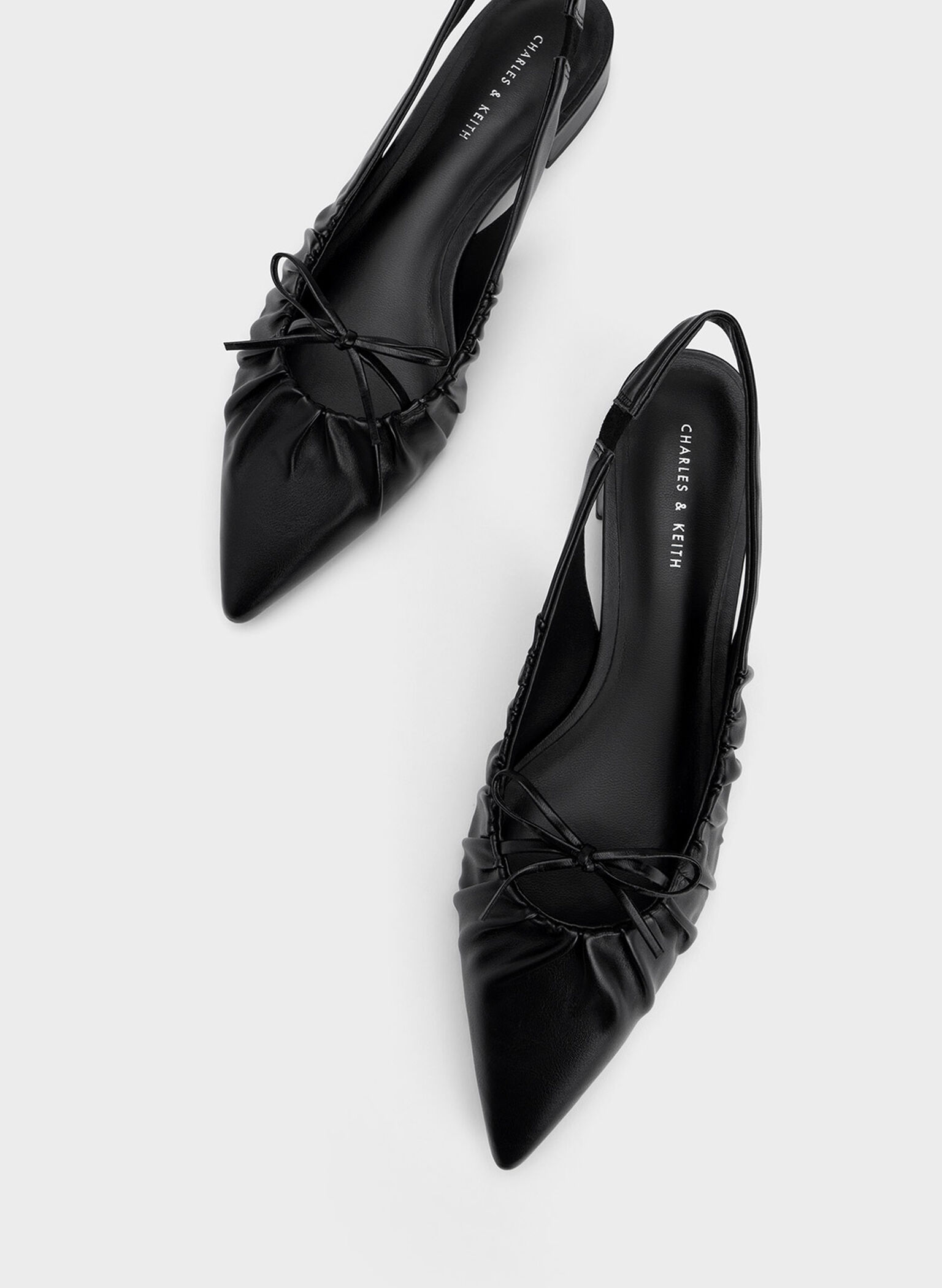 Bow Ruched Slingback Flats, Black, hi-res