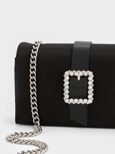 Satin Crystal-Buckle Belted Chain-Handle Bag, Noir, hi-res