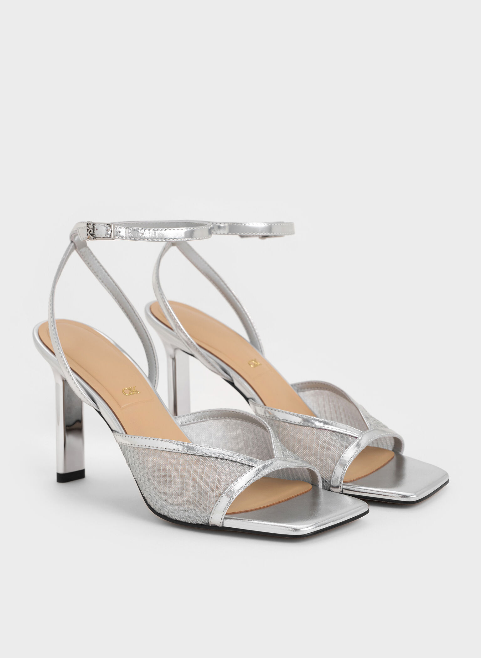 Sequin Mesh & Leather Ankle-Strap Heeled Sandals, Silver, hi-res