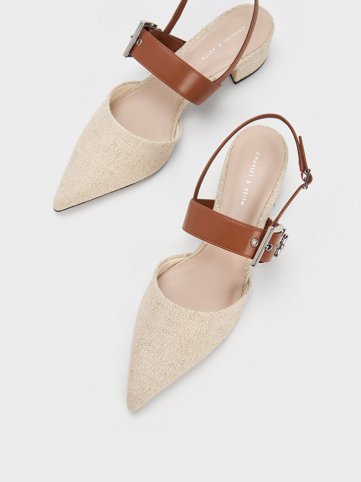 Buckled Strap Linen Slingback Pumps Beige