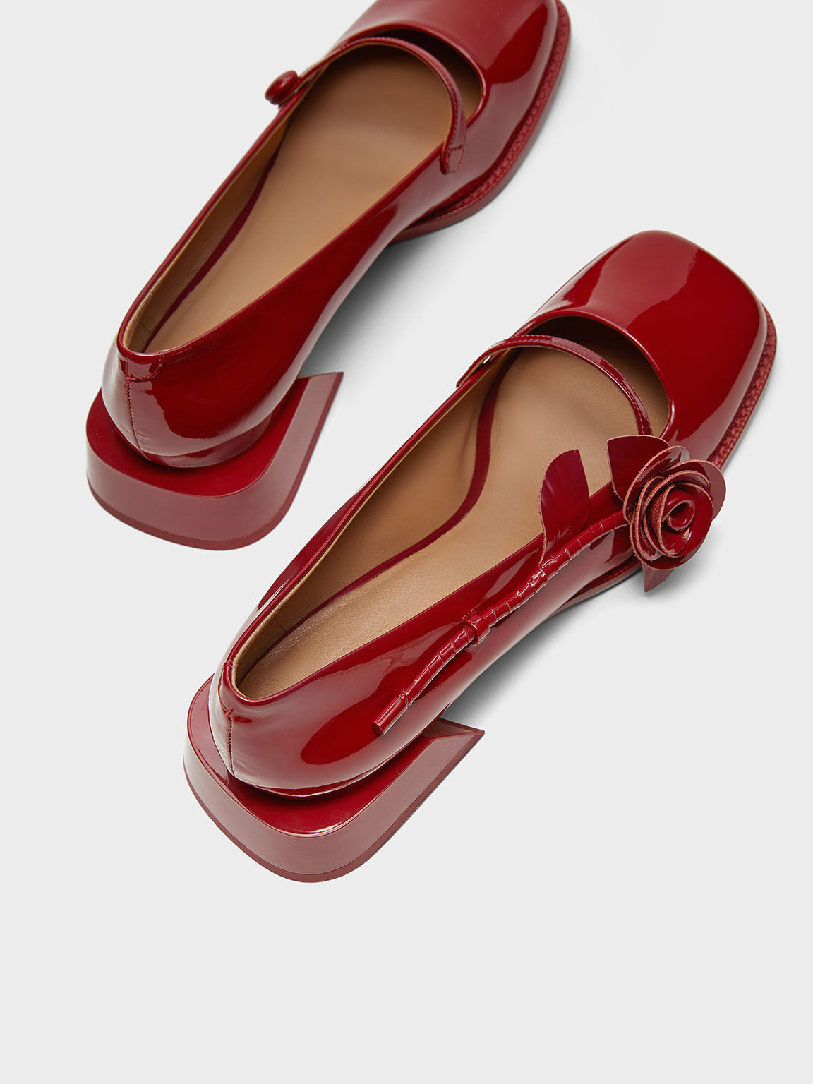 SHUSHU/TONG x CHARLES & KEITH: Chloris Patent Leather Rose-Embellished Mary Jane Pumps, Red, hi-res