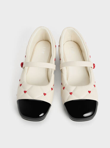 Girls' Quilted Heart-Motif Mary Janes, Chalk, hi-res