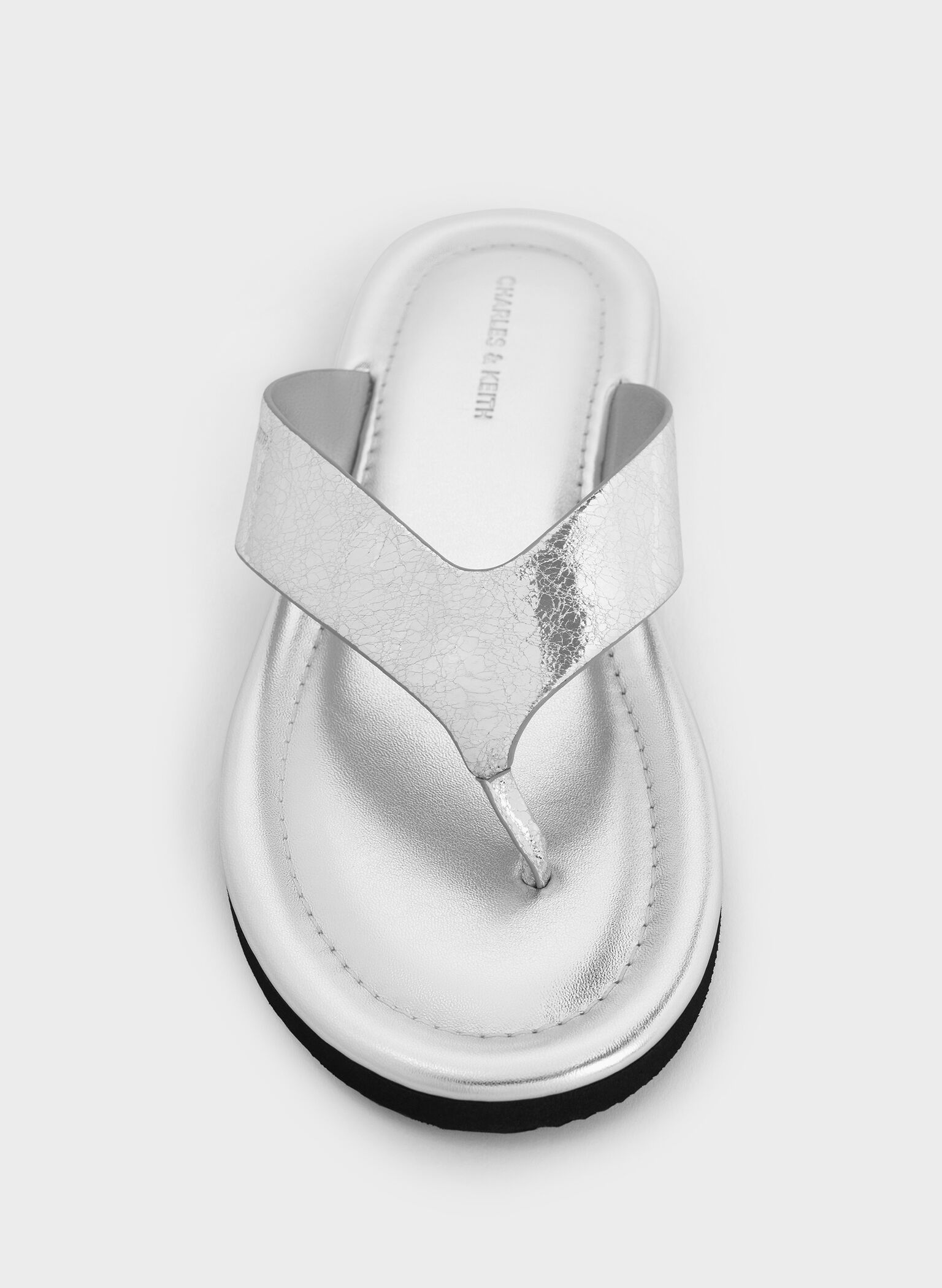 Trinah Metallic Crinkle-Effect Thong Sandals, Silver, hi-res