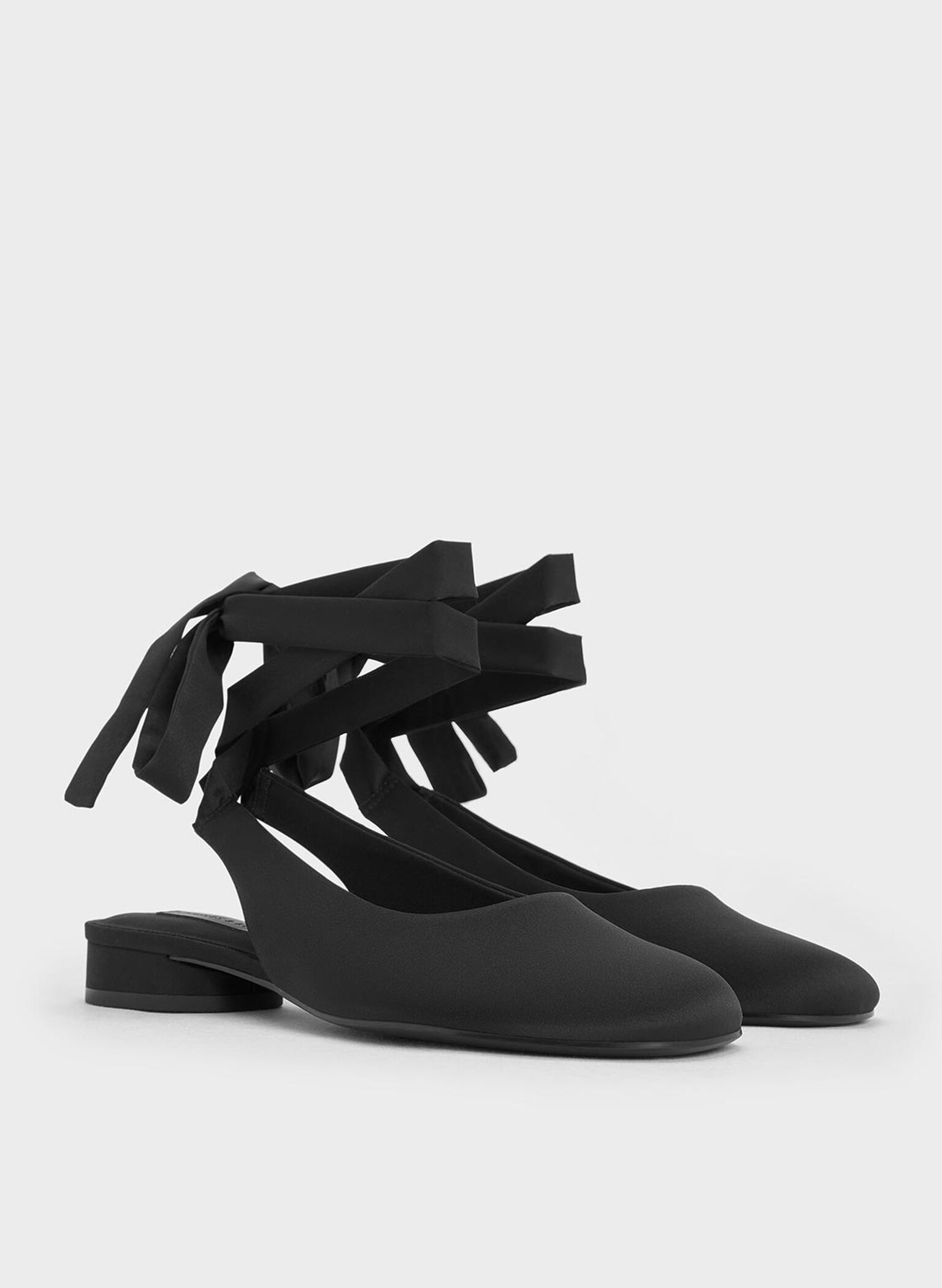 Satin Tie-Around Ballet Flats, Black Textured, hi-res