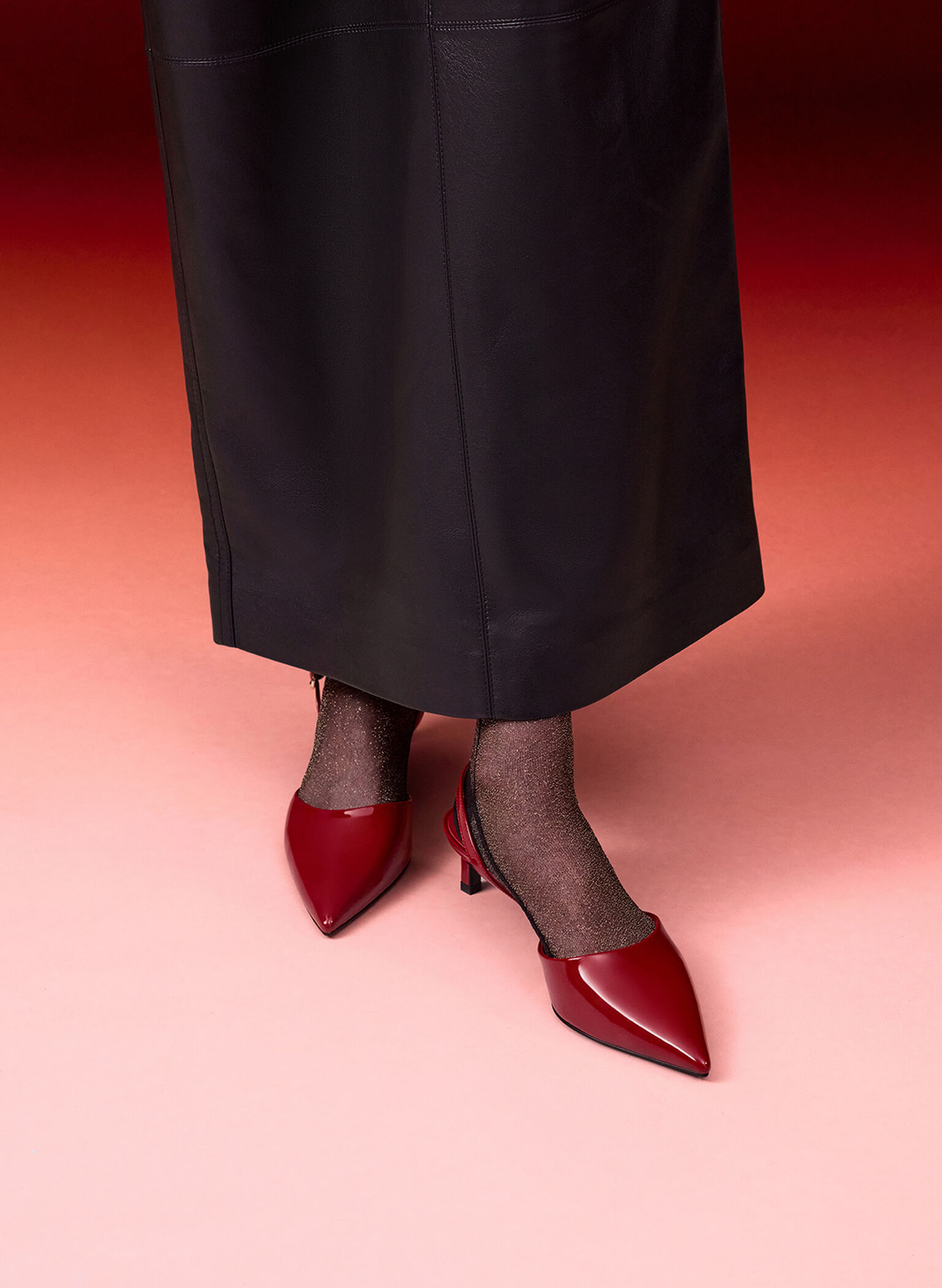 Patent Pointed-Toe Slingback Kitten Heels, Red, hi-res