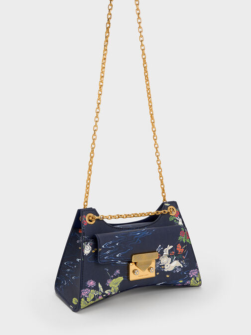Rabbit Illustrated Chain Handle Bag, Navy, hi-res