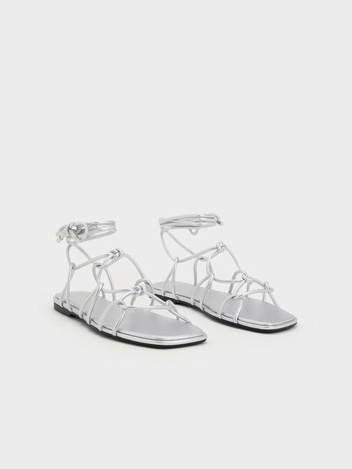 Strappy Knotted Tie-Around Sandals, Silver, hi-res
