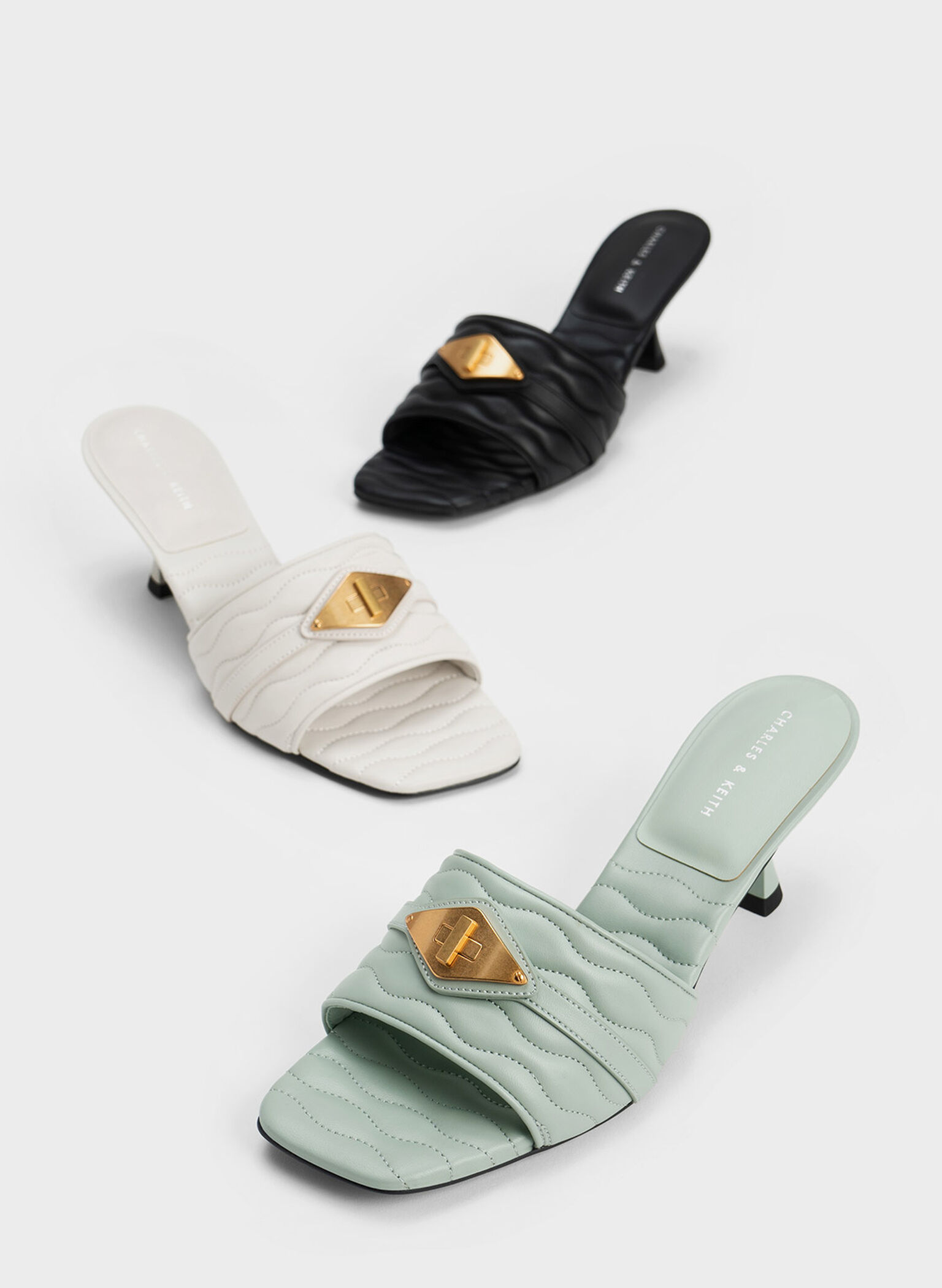 Metallic Accent Padded Heeled Mules, Mint Green, hi-res