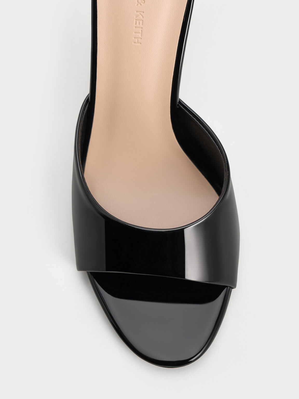 Black patent top open toe heels