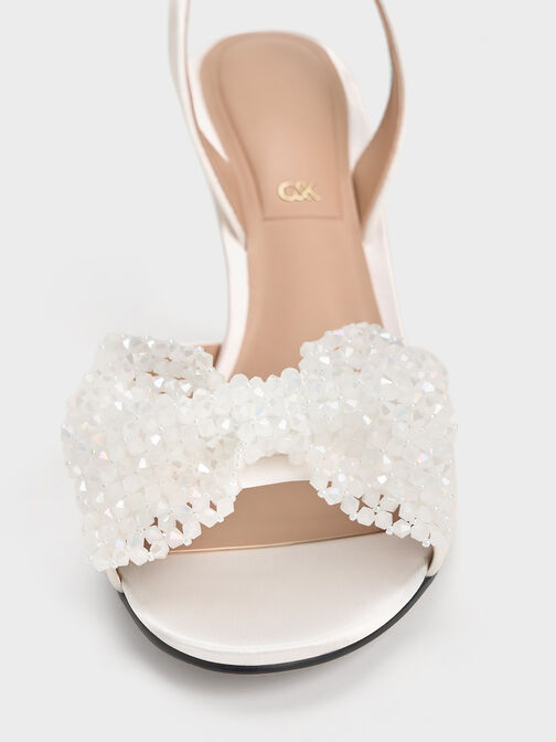 Recycled Polyester Beaded Bow Slingback Pumps, White, hi-res