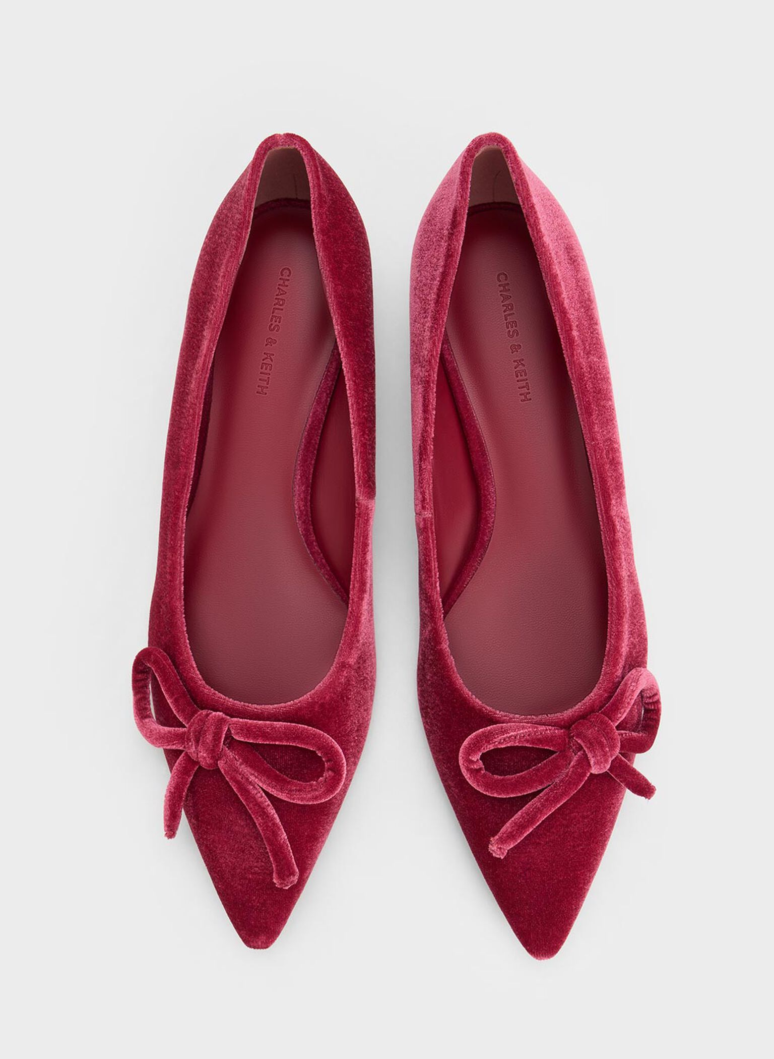 Velvet Bow Pointed-Toe Flats, Pink, hi-res
