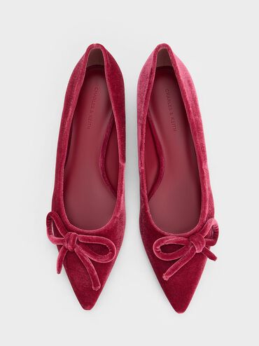 Velvet Bow Pointed-Toe Flats, Pink, hi-res