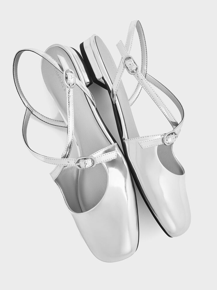 Metallic Crossover Buckled Slingback Flats, Silver, hi-res