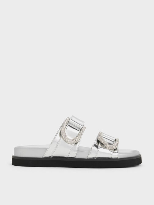 Gabine Crystal-Embellished Metallic Leather Slides, Silver, hi-res