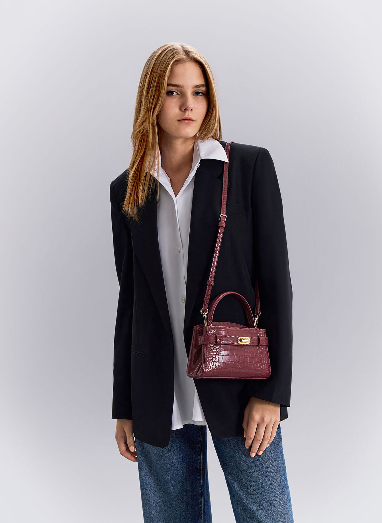 Aubrielle Croc-Effect Top Handle Bag, Burgundy, hi-res