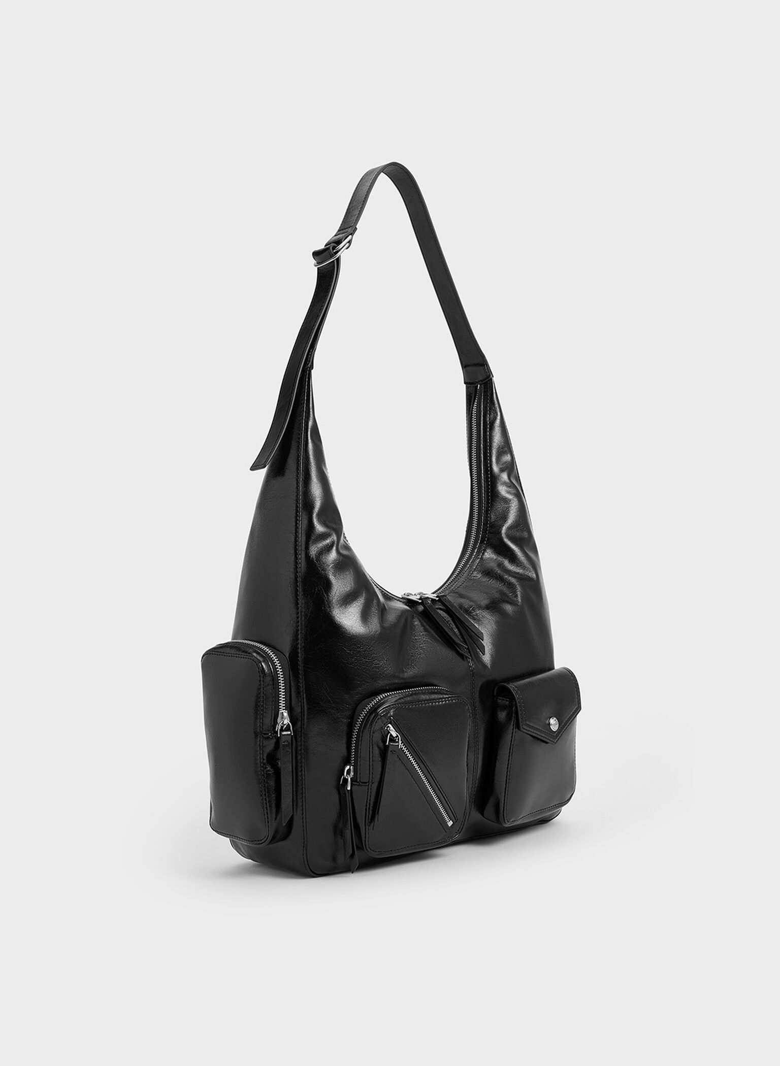 Thora Crinkle-Effect Multi-Pocket Hobo Bag, Noir, hi-res