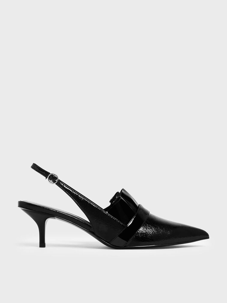 Frill Trim Wrinkled Patent Slingback Heels, Black, hi-res