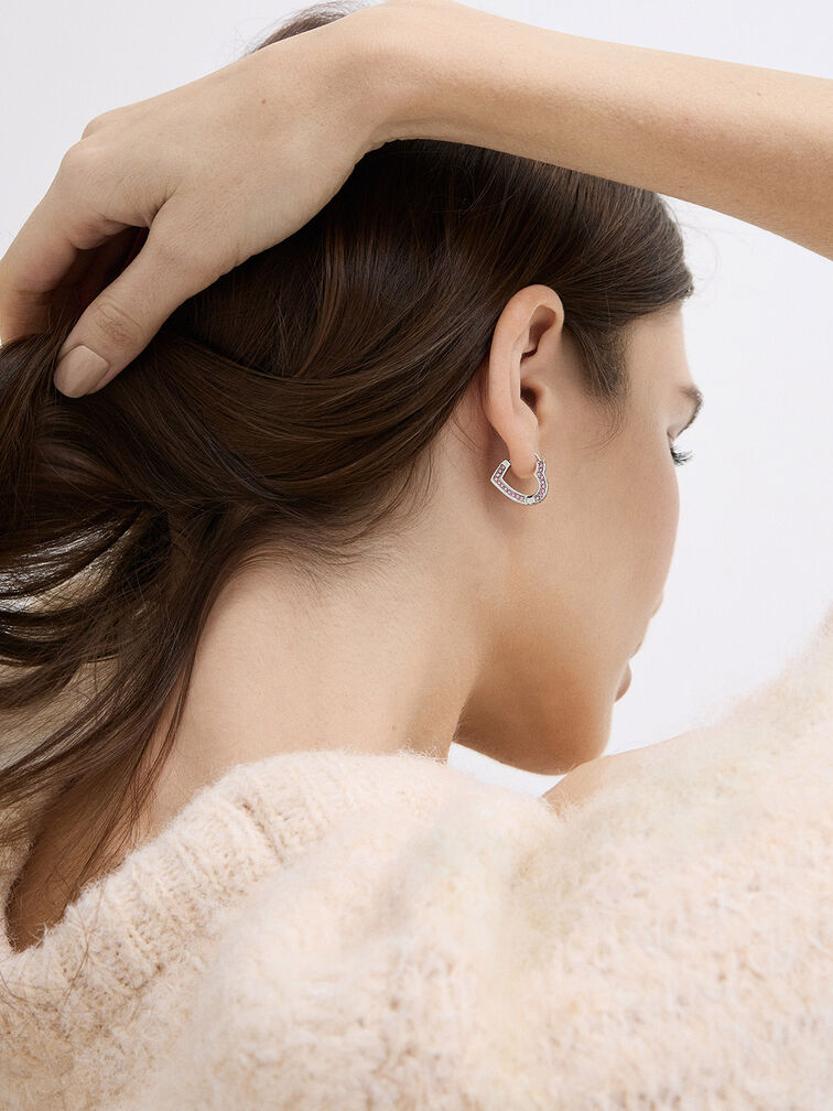 Malorie Crystal Heart Hoop Earrings, Silver, hi-res