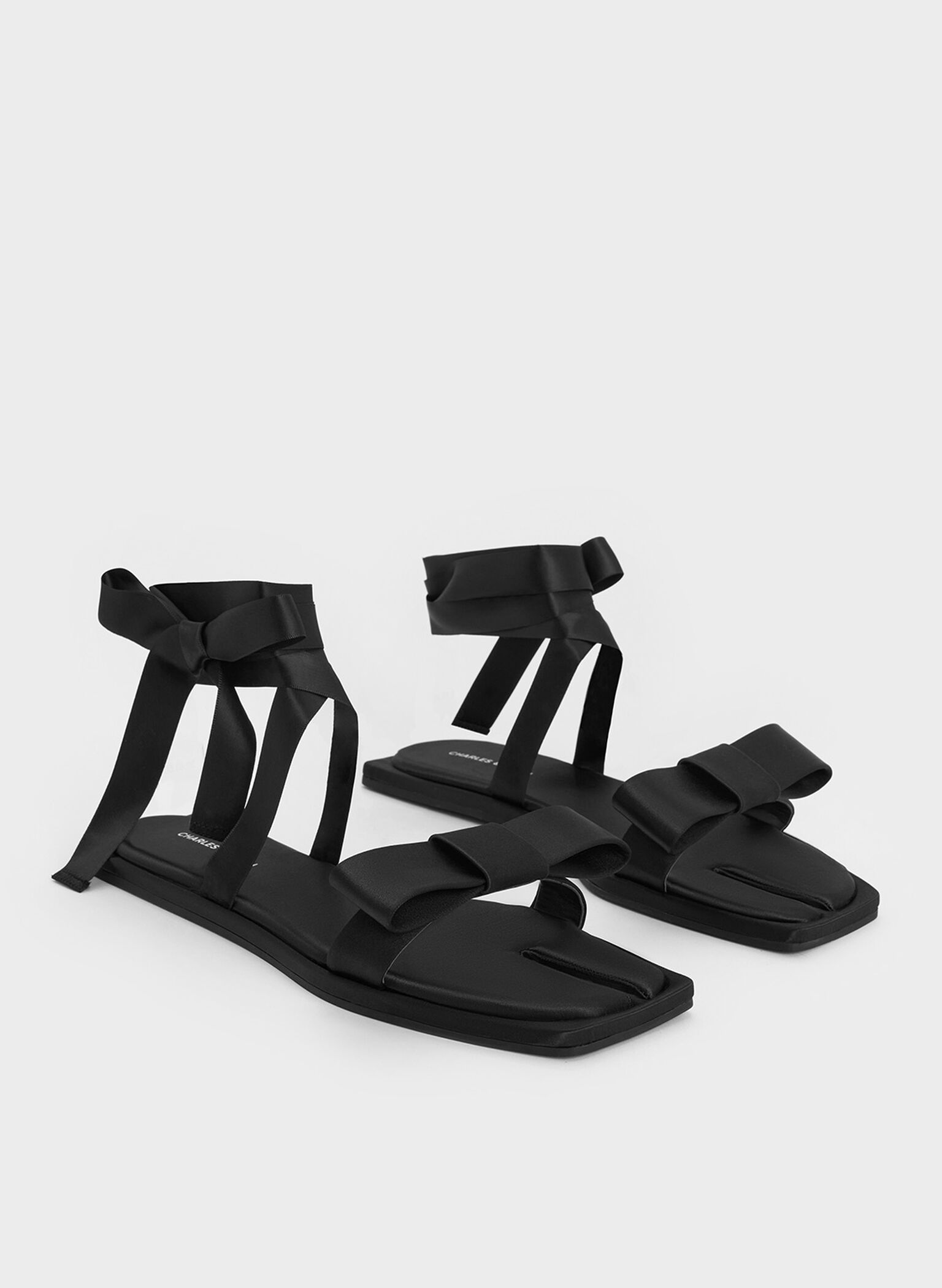 Satin Bow Tie-Around Flat Sandals, Black Textured, hi-res
