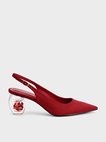Textured Sculptural Heel Slingback Court Shoes, Red, hi-res