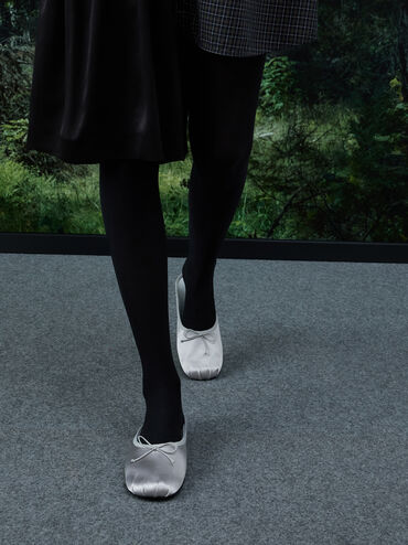 Satin Bow Flat Mules, Silver, hi-res