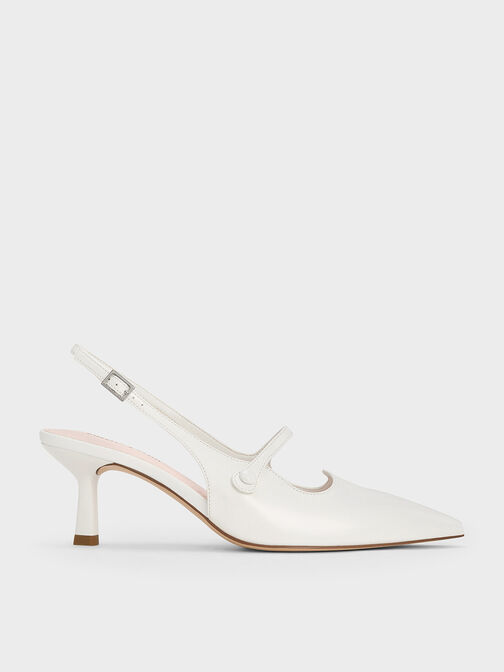 Pointed-Toe Mary Jane Slingback Pumps, White, hi-res