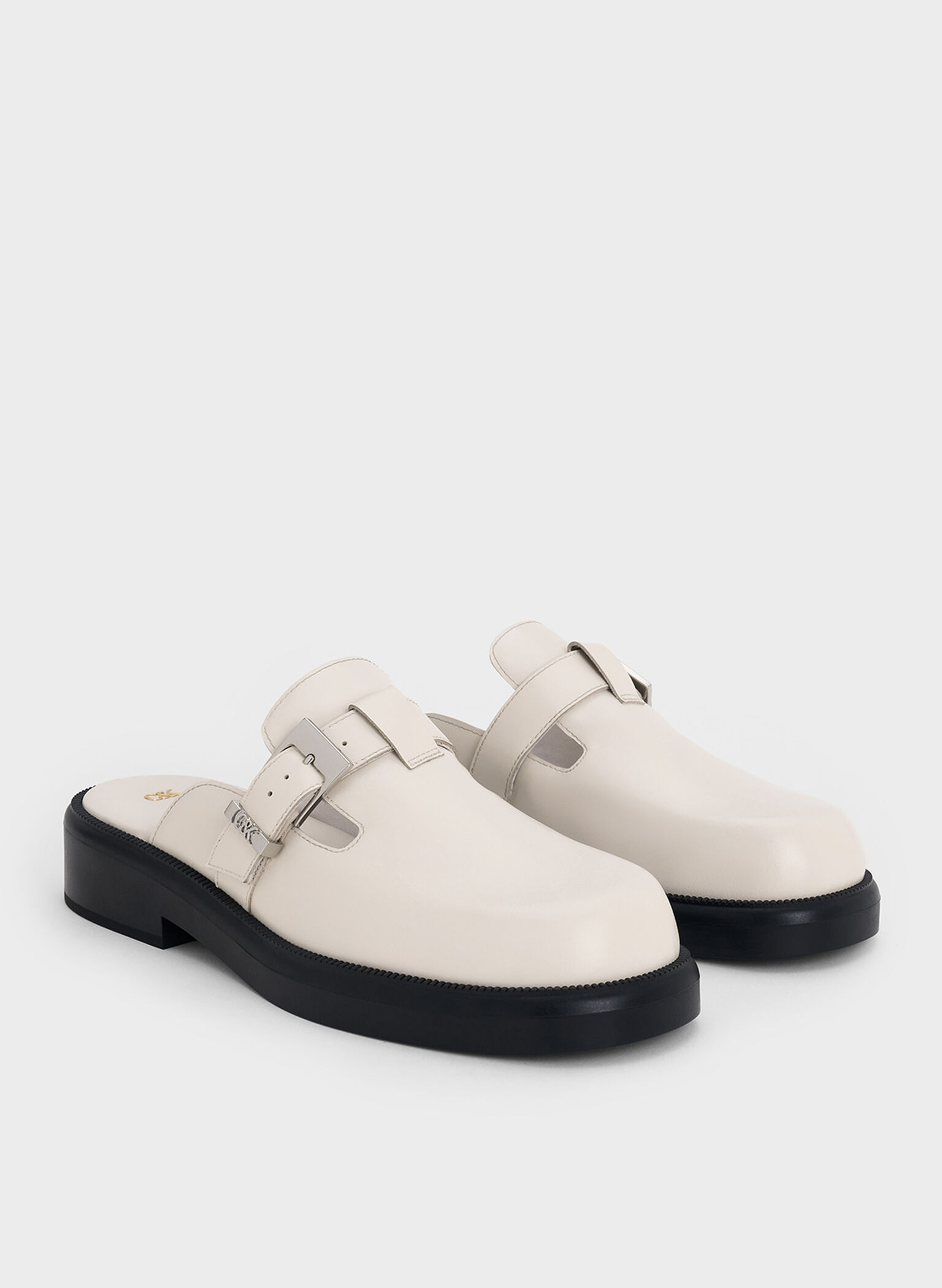 Leather Buckled Mules, Chalk, hi-res