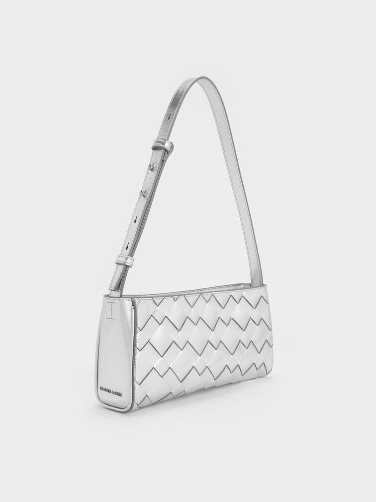 Ivette Metallic Woven Elongated Shoulder Bag, Silver, hi-res
