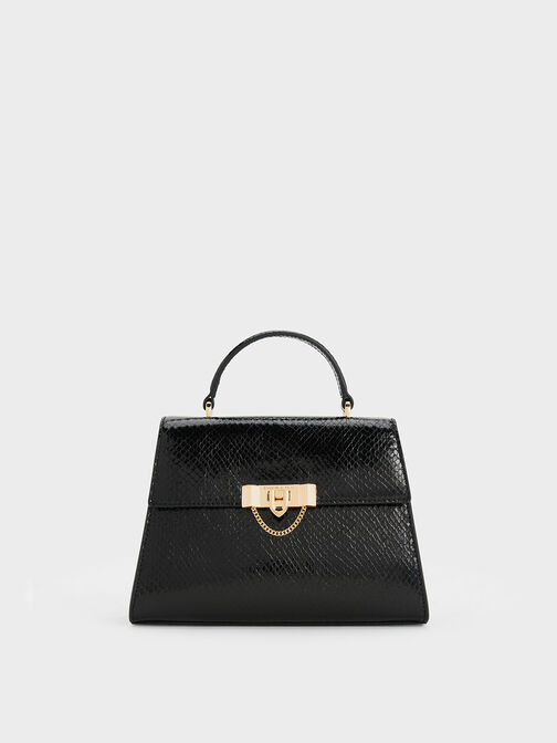 Tallulah Snake-Print Trapeze Top Handle Bag, Black, hi-res