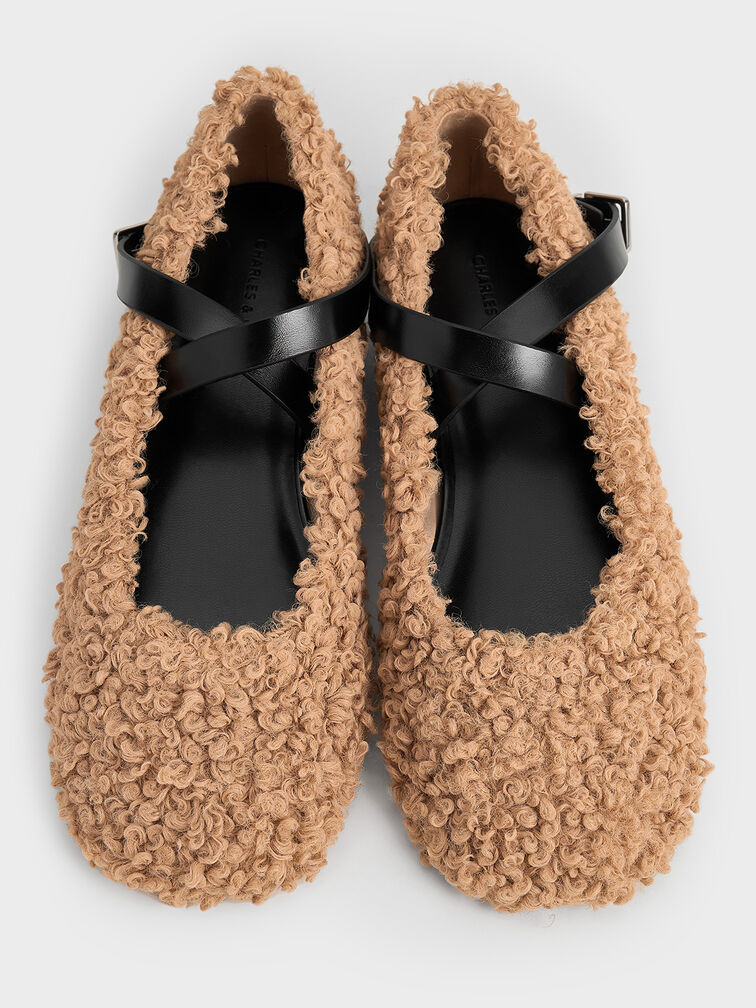 Margot Furry Crossover-Strap Ballet Flats, Camel, hi-res