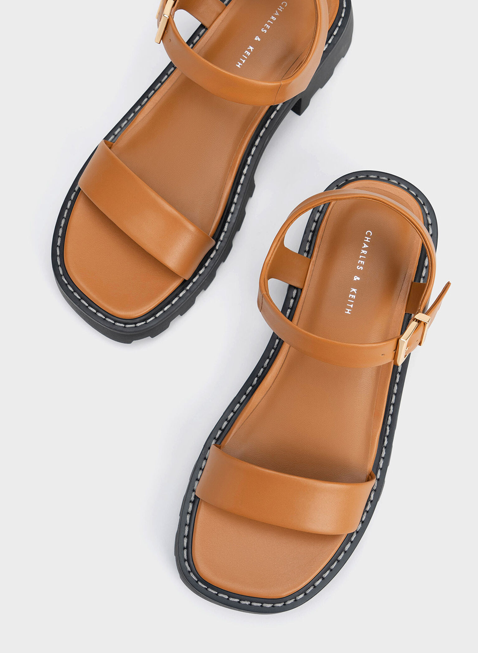 Stitch-Trim Buckled Sandals, Cognac, hi-res