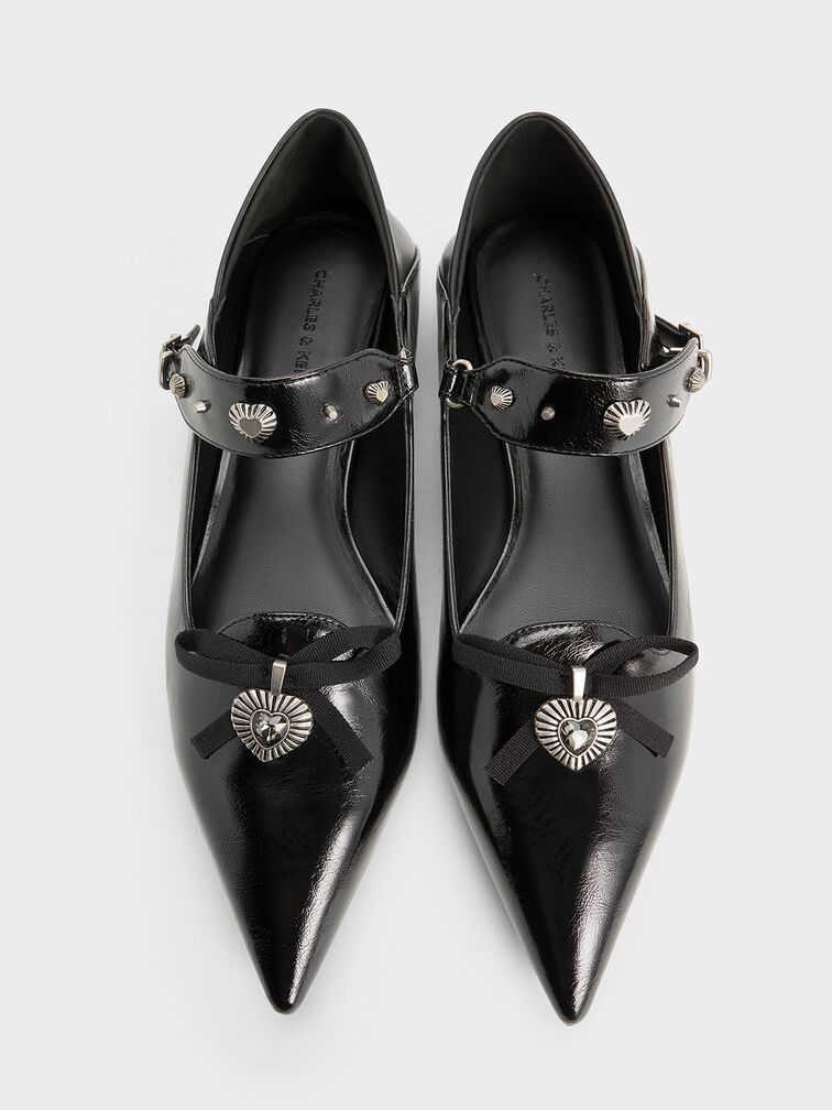 Studded Heart-Embellished Pointed-Toe Mary Janes, Black, hi-res