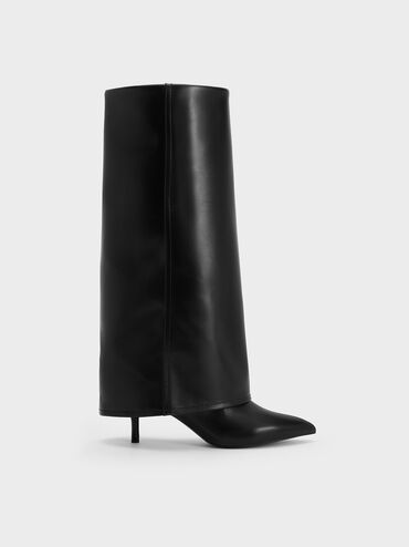 Fold-Over Pointed-Toe Knee-High Boots, Black, hi-res