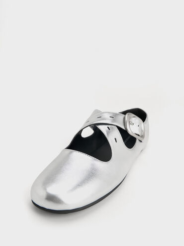 Metallic Crossover-Strap Mary Janes, Silver, hi-res