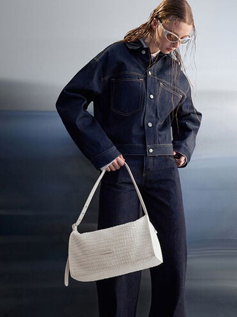 Textured Elongated Shoulder Bag, Frosted White, hi-res